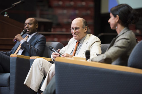 09/06/15 - BOSTON, MA. - Pulitzer Prize winning author, Tracy Kidder and Deogratias Niyizonkiza, the subject of Kidder's book speak on a panel during the First Pages event held in Matthews Arena on Sept. 6, 2016. Photo by Adam Glanzman/Northeastern University