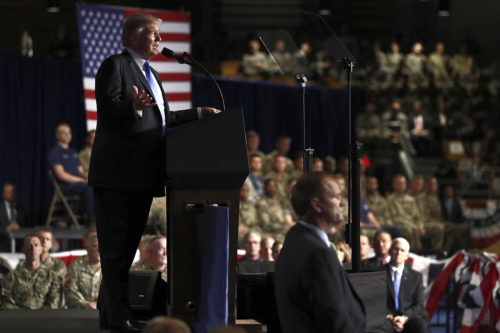 President Donald Trump outlined his strategy for ending the nearly 16-year conflict in Afghanistan in a nationally televised speech on Monday night at Fort Myer in Arlington, Virginia. (AP Photo/Carolyn Kaster)