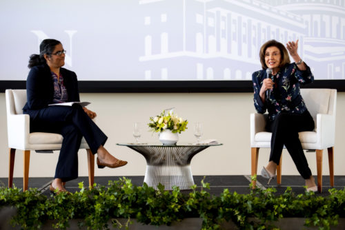 Nancy Pelosi, speaker of the U.S. House of Representatives, has a conversation with WBUR reporter Meghna Chakrabarti during the Women Who Empower Summit in the East Village. Photo by Ruby Wallau/Northeastern University