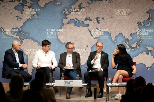 (L-R) Bill Winters, chief executive of Standard Chartered, Oliver Buckley, executive director of the Centre for Data, Ethics, and Innovation, Kenn Cukier, senior editor of digital products for the Economist, Northeastern University President Joseph E. Aoun, and AI for Good founder Kriti Sharma, at “Artificial Intelligence and the Public: Prospects, Perceptions, and Implications” at the Chatham House in London. Photo by Suzanne Plunkett/Northeastern University