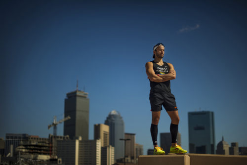 04/13/16 - BOSTON, MA. -  Diego Rivas, E'16, poses for a portrait at Northeastern University on April 13, 2016. Rivas will be competing in the 2016 Boston Marathon. Photo by Matthew Modoono/Northeastern University