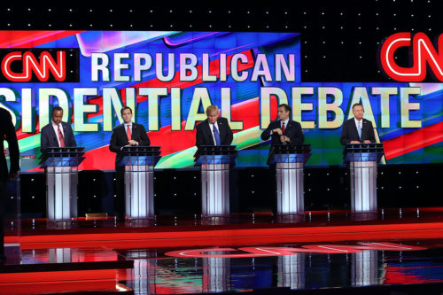 Republican presidential candidates Ben Carson,  Florida Sen. Marco Rubio (R-FL), Donald Trump, Texas Sen. Ted Cruz (R-TX) and Ohio Gov. John Kasich (L-R) stand on stage for the Republican National Committee Presidential Primary Debate at the University of Houston's Moores School of Music Opera House on February 25, 2016 in Houston, Texas. The candidates are meeting for the last  Republican debate before the Super Tuesday primaries on March 1.  Photo by Joe Raedle/Getty Images