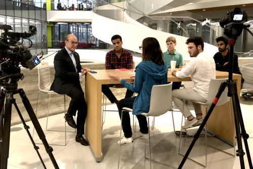 President Joseph E. Aoun had a great conversation last night with a group of students at the Interdisciplinary Science and Engineering Complex. Stay tuned for more about their amazing experiences. Photo by Renata Nyul/Northeastern University
