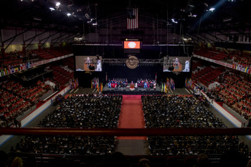 President Joseph E. Aoun and other university leaders welcomed incoming freshmen, Northeastern's 121st class, to campus at the President's Convocation, held in Matthews Arena. Photo by Matthew Modoono/Northeastern University