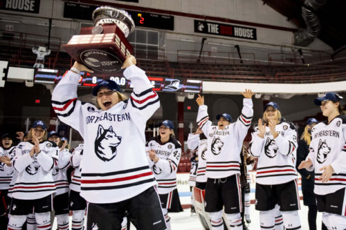 The Huskies won their fourth straight Hockey East Championship 6-2 against Providence College Saturday at Matthews Arena. Next up: the NCAAs. Photo by Ruby Wallau/Northeastern University
