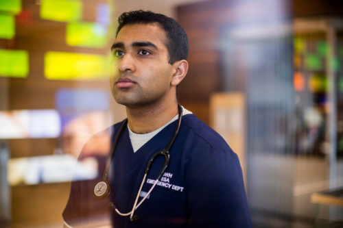 Abhishek Mogili, a third-year biology and political science student at Northeastern, works as a department technician at Brigham and Women’s Hospital in Boston. Photo by Adam Glanzman for Northeastern University