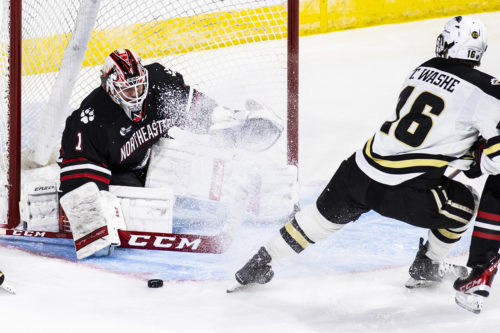 Devon Levi makes a save in Northeastern’s overtime loss to top-seeded Western Michigan on Friday.