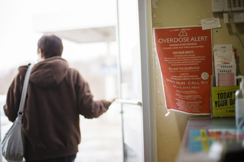 A sign calling attention to drug overdoses is posted to the door of a gas station on the White Earth reservation in Ogema, Minn., Tuesday, Nov. 16th. AP Photo/David Goldman