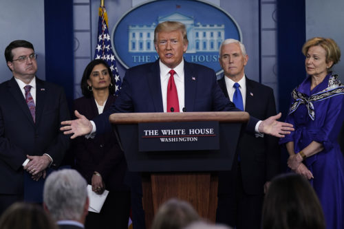 President Donald Trump speaks during press briefing with the Coronavirus Task Force at the White House, Wednesday, March 18, 2020, in Washington. AP Photo/Evan Vucci