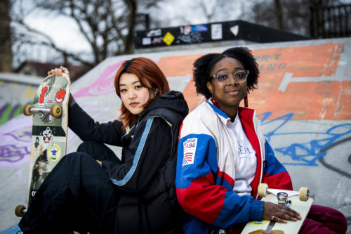 Claire Lee, left, and Rayven Tate, right, founded the LonelyBones Skate Collective, a diverse group of skaters that comprises all levels of experience. Lee is a 2021 graduate of Northeastern with a degree in bioengineering and math and Tate is a 2021 graduate with a degree in mechanical engineering. Photo by Alyssa Stone/Northeastern University