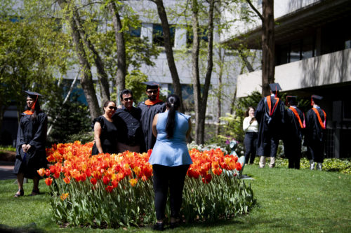 Northeastern graduates pose for photographs with the tulips and family members outside the Curry Student Center. Photo by Alyssa Stone/Northeastern University