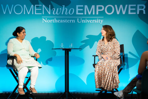 Asma Khan (left), chef and owner of the London-based Indian restaurant, Darjeeling Express, speaks with Diane MacGillivray, senior vice president for university advancement during a Women Who Empower event hosted at Northeastern’s London campus on Tuesday. Courtesy photo