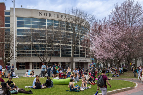 Centennial Common on Northeastern's Boston campus is filled with students enjoying the spring weather. Photo by Alyssa Stone/Northeastern University
