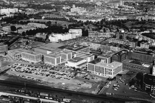 Aerial view of Northeastern's Huntington Avenue campus and surrounding Boston area in 1963.  Photo courtesy of Northeastern University Archives