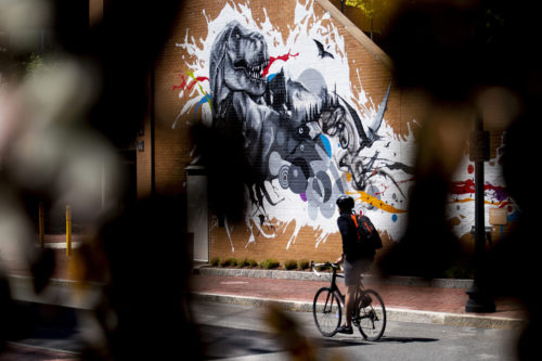 A cyclist rides past ’“A World of Innocent Discovery” by Cedric Douglas outside of the Behrakis Health Sciences Center. Photo by Ruby Wallau/Northeastern University