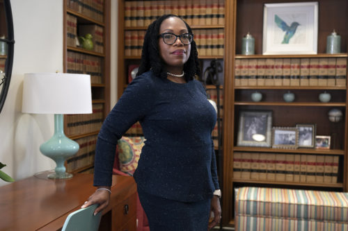 Judge Ketanji Brown Jackson, a U.S. Circuit Judge on the U.S. Court of Appeals for the District of Columbia Circuit, poses for a portrait, Friday, Feb., 18, 2022, in her office at the court in Washington. AP Photo/Jacquelyn Martin