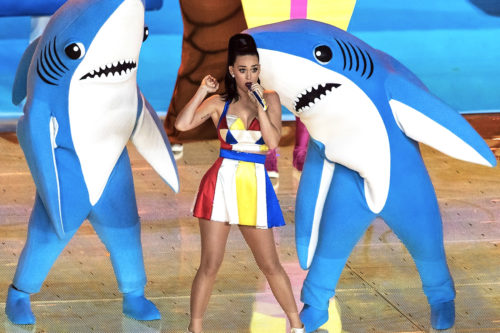 Katy Perry performs during the 2015 Super Bowl with internet sensation Left Shark. Wikimedia Commons Photo.