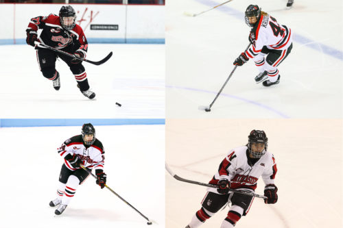 The Huskies in Beijing include a quartet of stars who have helped build the Northeastern program (clockwise from upper left): Kendall Coyne Schofield, Denisa Krizova, Rachel Llanes and Hayley Scamurra. Northeastern Photos