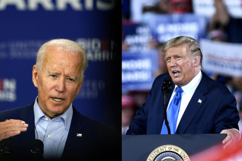 Left, Democratic presidential candidate former Vice President Joe Biden speaks at a union training center in Hermantown, Minn. AP Photo by Carolyn Kaster. Right, U.S. President Donald Trump addresses supporters at a Great American Comeback campaign rally at Cecil Airport. AP Photo by Paul Hennessy / Sipa