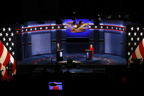 Democratic presidential nominee Hillary Clinton and Republican presidential nominee Donald Trump appear on stage during the presidential debate at Hofstra University in New York in September 2016. (AP Photo/Mary Altaffer)