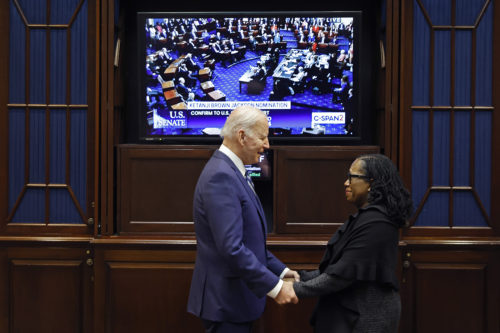 U.S. President Joe Biden congratulates Ketanji Brown Jackson moments after the U.S. Senate confirmed her to be the first Black woman to be a justice on the Supreme Court in the Roosevelt Room at the White House  in Washington, DC. Photo by Chip Somodevilla/Getty Images