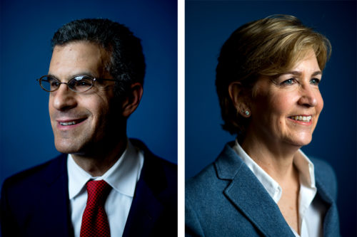 Faculty members Daniel Medwed, left, and Laura Lewis have been appointed to the rank of University Distinguished Professor. <i>Photos by Matthew Modoono/Northeastern University</i>