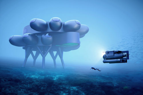 The underwater research station will allow scientists and engineers to live, work, and conduct long-term experiments under the sea. Rendering by Yves Béhar, courtesy of Fabien Cousteau Ocean Learning Center. 
