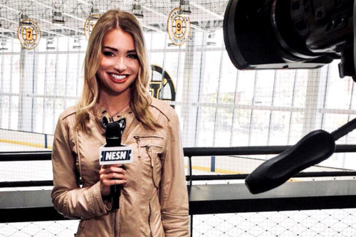 Northeastern graduate Rachel Holt has covered two Super Bowls, the 2017 NBA Draft, and the 2018 NHL Awards. Now, she’s reporting on the Stanley Cup Final between the Boston Bruins and St. Louis Blues for the New England Sports Network. Photo courtesy of Rachel Holt.