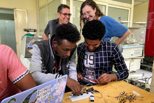 Christina Carroll, a bioengineering student at Northeastern, teaches Arduino, a coding platform that allows for rapid prototyping, to a group of technicians, technical students, and engineers at St. Paul’s Hospital and Millennium Medical College. Photo courtesy of Caitlynn Tov
