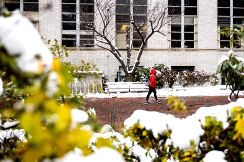 A student walks in front of Hayden Hall on a snowy day. Photo by Ruby Wallau/Northeastern University