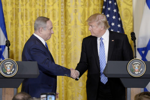 As part of his first foreign trip, Donald Trump will meet with Israeli Prime Minister Benjamin Netanyahu. Here, Trump and Netanyahu hold a joint press conference in the East Room of the White House on February 15, 2017. Photo by Olivier Douliery/AP Images