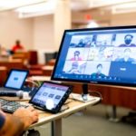 A demonstration of a NUflex Auto classroom where students attend both in person and online. Photo by Ruby Wallau/Northeastern University
