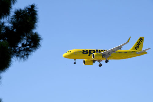 A Spirit Airlines jet comes in for a landing at McCarran International Airport in Las Vegas, Nevada.