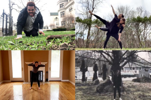 Students perform their final projects for Movement for the Actor, in which they interpret a dramatic piece of literature through a school of movement discussed in class. Clockwise from top left, Donovan Holt performs from <i>Lord of the Flies</i>, Sydney Love and Bianca Vranceanu perform <i>Antigone</i>, Devon Whitney performs <i>Sonnet 34</i>, and Erin Fitzpatrick performs <i>The Crucible</i>. Screenshot by Northeastern University