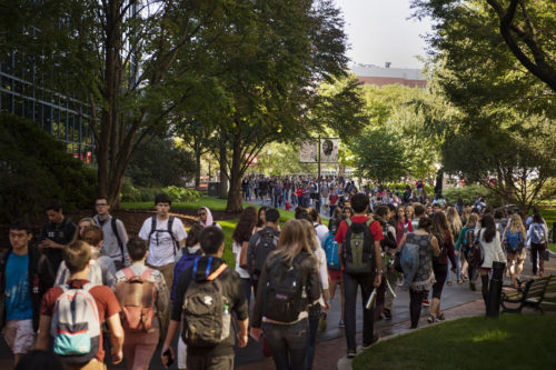 Students walk through campus on Sept. 24, 2015. Photo by Adam Glanzman/Northeastern University