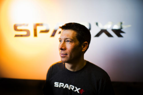 Russell Layton, E'13, Founder and CEO of Sparx, a patented skate sharpener, poses for portraits at his business in Acton, MA. on March 20, 2018. Photo by Matthew Modoono/Northeastern University