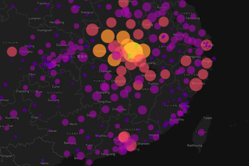 Visualization of current COVID-19 cases in China, courtesy of Samuel Scarpino and HealthMap