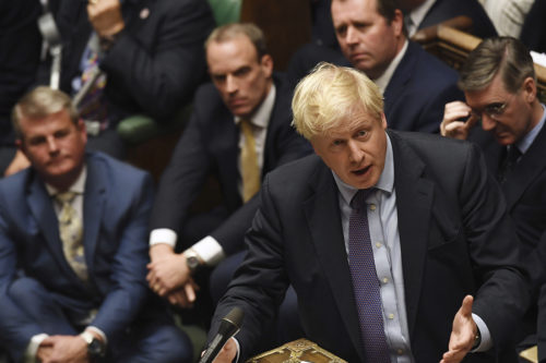 Britain's Prime Minister Boris Johnson speaks in the House of Commons in London following the debate for the EU Withdrawal Agreement Bill, Tuesday Oct. 22, 2019. British lawmakers have rejected the government’s fast-track attempt to pass its Brexit bill within days, demanding more time to scrutinize the complex legislation and throwing Prime Minister Boris Johnson’s exit timetable into chaos. (Jessica Taylor, UK Parliament via AP)