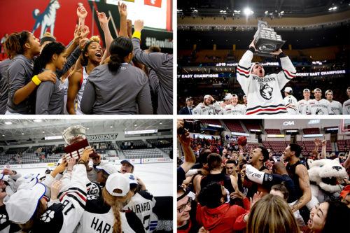 Huskies teams in hockey and basketball made national postseason tournaments last season. Will those successes be repeated this year? Their coaches are optimistic. Photos by Northeastern University