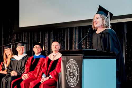 During the Commencement ceremony for Northeastern graduates in Vancouver, Sarah Roth, the CEO and president of BC Cancer Foundation, shared some the lessons she's learned throughout her almost 30-year career in fundraising. Photo by Lucho Berzek for Northeastern University