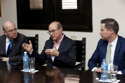 Northeastern President Joseph E. Aoun, center, with U.S. Representatives James McGovern, left, and Seth Moulton during a visit to Cuba in February 2017. Photo by Noah Friedman-Rudovsky for Northeastern University.