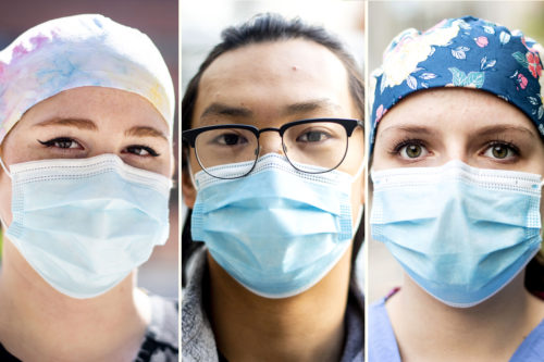 Third-year nursing students Hannah Terry, Yuchen Zhang, and Susan Dawson are serving co-ops at Massachusetts General Hospital during the pandemic. They are among the 50 Northeastern students who are on co-op at Boston-area hospitals. Photos by Ruby Wallau/Northeastern University
