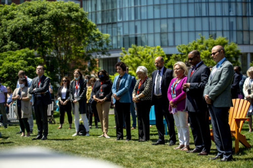 The Northeastern community gathers for a moment of reflection for nine minutes and 29 seconds in memory of George Floyd on Centennial Common. Photo by Ruby Wallau/Northeastern University