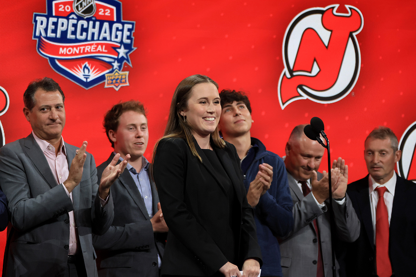 Assistant General Manager Kate Madigan of the New Jersey Devils during Round One of the 2022 Upper Deck NHL Draft at Bell Centre in Montreal, Quebec, Canada.