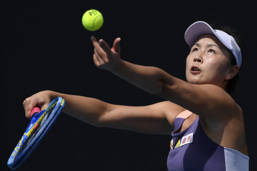 China's Peng Shuai serves to Japan's Nao Hibino during their first round singles match at the Australian Open tennis championship in Melbourne, Australia, on Jan. 21, 2020. AP Photo/Andy Brownbill 