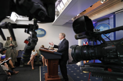 White House press secretary Sean Spicer speaks as cameras are pointed away during an off-camera media briefing at the White House in Washington, Monday, June 26, 2017. (AP Photo/Alex Brandon)