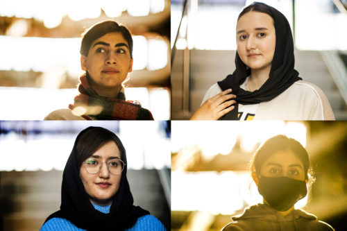Afghan refugees Lala Osmani (top left), Mashal Aziz (top right), Khadija Arian (bottom left), and Sara Sherindil (bottom right) say they are grateful for the chance to finish their studies at Northeastern. Photos by Matthew Modoono/Northeastern University
