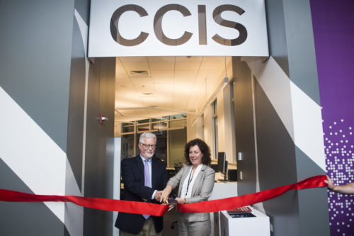 James Bean, provost and senior vice president for academic affairs, and Carla Brodley, dean of the College of Computer and Information Science, cut the ribbon to mark the opening of a new computer lab in West Village H on Sept. 6, 2018. Photo by Adam Glanzman/Northeastern University