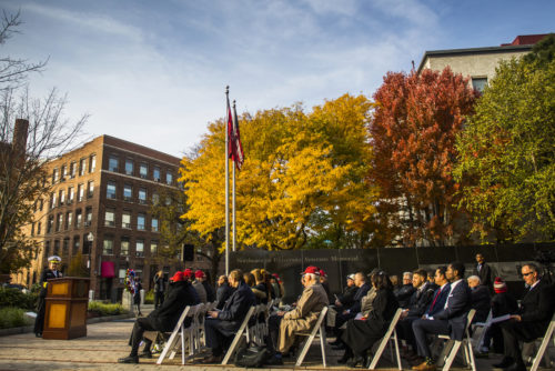 Northeastern University on Monday Nov. 12, 2018 held its annual Veterans Day ceremony to honor past and present members of the university community who have served their country. Remarks were given by Mike Pasqua, President, Northeastern Student Veterans Organization, Lieutenant Colonel Joseph Luchetta, NUROTC Professor of Military Science, Neal Finnegan, Chairman of the Board Emeritus, Rear Admiral Danelle Barrett, Director, U.S. Navy Cyber Security Division Director, and Northeastern University President Joseph Aoun. Photo by Adam Glanzman/Northeastern University