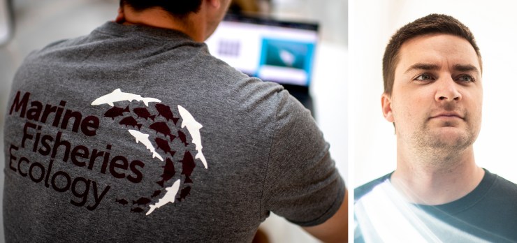 A person wears a grey shirt with the text: Marine Fisheries Ecology (right). The headshot of Evan Prasky (left). 